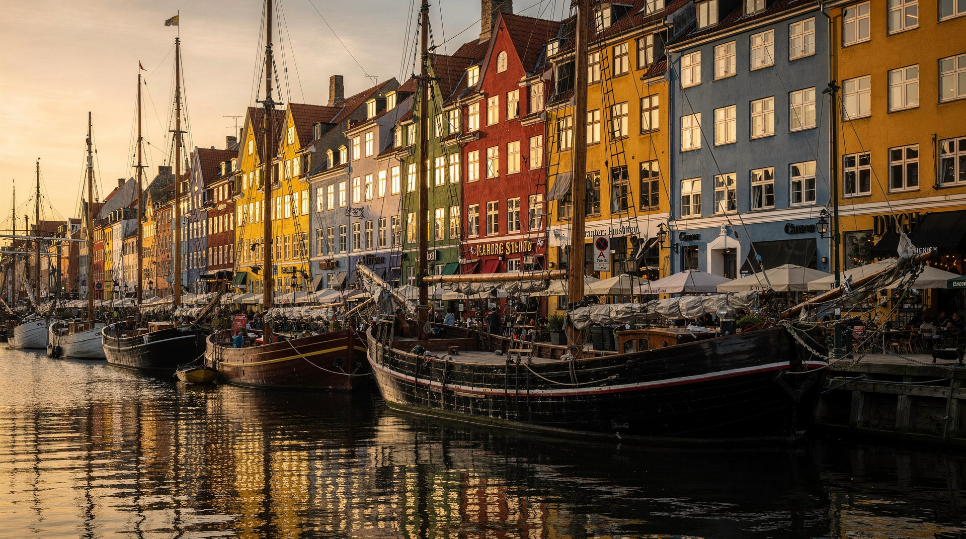 Der Nyhavn-Kanal in Kopenhagen im goldenen Abendlicht mit den bunten Häuserreihen, die sich im Wasser spiegeln